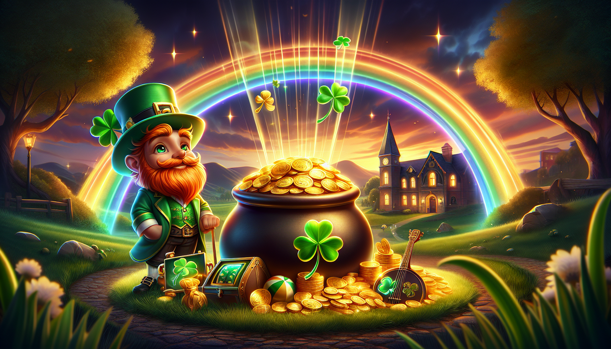 alt_text: Guci-guci harta dengan desain Celtic dan nuansa pelangi.